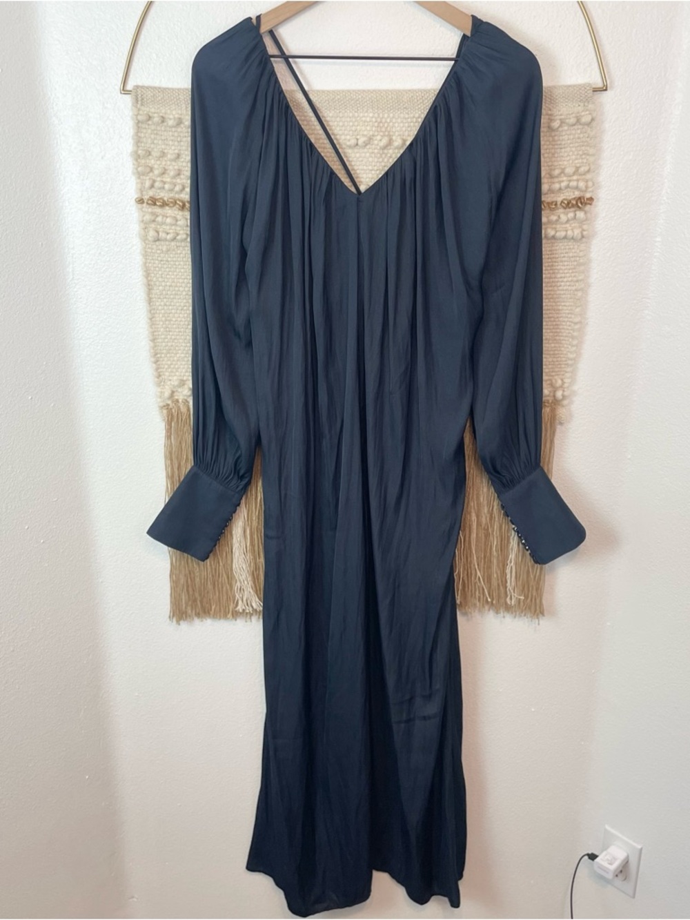 Modern Citizen Oranoos Satin Open Back Maxi Dress Navy Blue Long Sleeve S